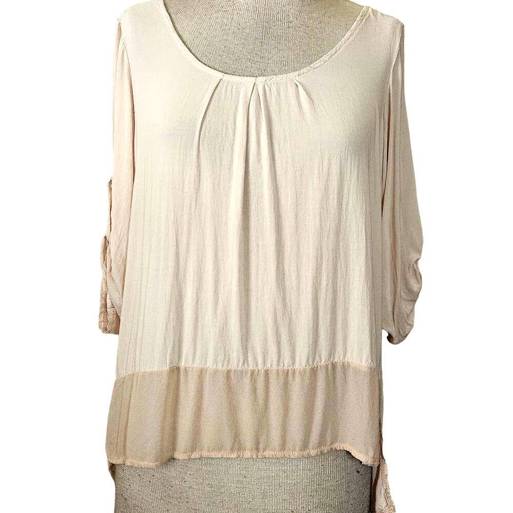 Cream Scoop Neck Roll Tab Sleeve Blouse Size Small